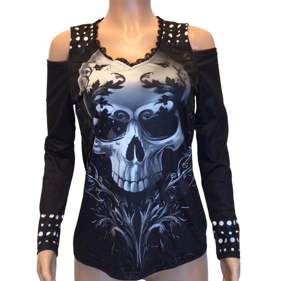 NWOT Womens Skull Cold Shoulder Studded Top Size M Gothic Rock Punk V-Neck Shirt - Picture 4 of 10